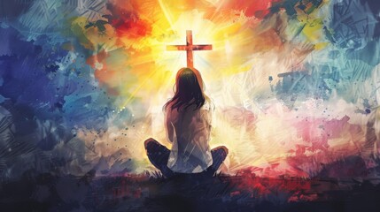 Wall Mural - A young woman kneeling and looking at a cross with rays of light watercolor painting