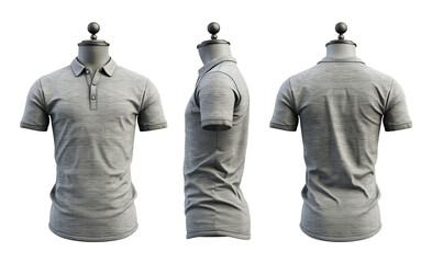 A grey henley shirt on a mannequin, front, perspective, and back view, isolated on a white background.