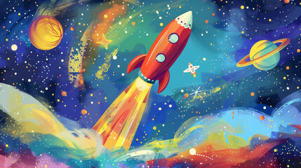 a vibrant rocket zooms through a colorful, star-filled galaxy, surrounded by planets and cosmic wond