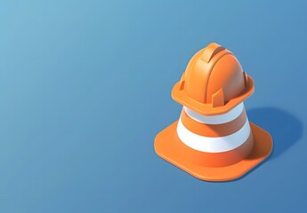 Wall Mural - traffic cone wearing a hard hat on a blue background