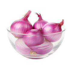 Canvas Print - freshly cut raw onion in a glass bowl front view isolated on white