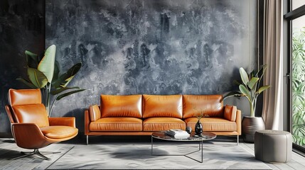 Wall Mural - sophisticated elegance modern living room wall mockup with leather sofa and armchair bright tones