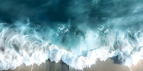 Wall Mural - Aerial drone photo of ocean waves crashing white foam deep blue sea. Concept Aerial Photography, Ocean Waves, Drone Shot, White Foam, Deep Blue Sea