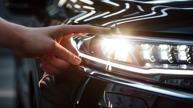 Close-up of a hand touching a shiny car headlight, showcasing modern automotive design and technology with a sleek black vehicle.