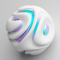 3d render abstract art with surreal alien ball or sphere in curve wavy spiral lines forms in transformation deformation process in white glossy ceramic with liquid metallic soft parts 