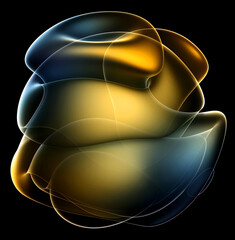 Wall Mural - 3D render abstract art of surreal alien ball flower in spherical round wavy smooth soft biological lines forms in transparent multi-layer plastic in yellow and blue gradient color on black background