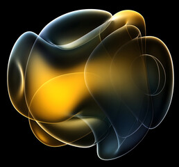 Wall Mural - 3D render of abstract art of surreal alien ball flower in spherical round wavy smooth soft biological lines forms in transparent plastic in yellow and blue gradient color on black background