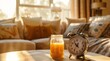 © rui - A vintage alarm clock placed on the coffee table in front of the sofa, with the morning sunlight streaming through the window, creating soft shadows and highlighting its metallic texture.