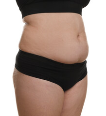 Sticker - Woman with excessive belly fat on white background, closeup. Overweight problem