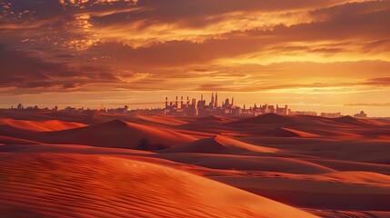 Wall Mural - a desert landscape during sunset. The sky is painted with hues of orange and pink, reflecting on the sandy ground. The silhouette of a city or village can be seen in the distance