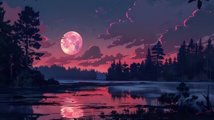 Wall Mural - a digital artwork depicting a serene night scene in a forest. The sky is painted with a full moon and a large sunset, casting a warm glow over the entire landscape