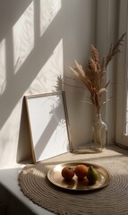 Poster - A blank white A4 frame on a wooden floor, leaning against a wall with decorative items and natural light