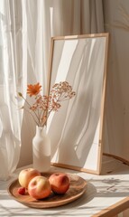 Poster - Warm light from a nearby window illuminates a blank white A4 frame, leaning against a wall with decorative items