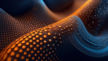 Wall Mural - A mesmerizing digital landscape features waves of blue and gold patterns that ebb and flow seamlessly. The surface is dotted with spheres that create a sense of three-dimensional depth.AI generated.