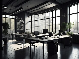 Interior of modern office with black walls, wooden floor, rows of computer tables and panoramic windows. generative ai