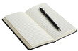 © AIsofeel - Open lined notebook with a black pen placed on it, ideal for writing, journaling, or note-taking in a clean and simple workspace.