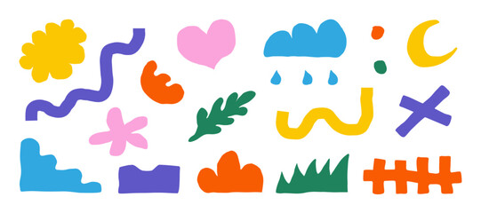 The hand-drawn abstract shapes and doodle objects. Naive playful scribble abstract vector set shapes—doodle charcoal geometric collage heart, flower, cloud, grass, irregular organic shapes, texture.