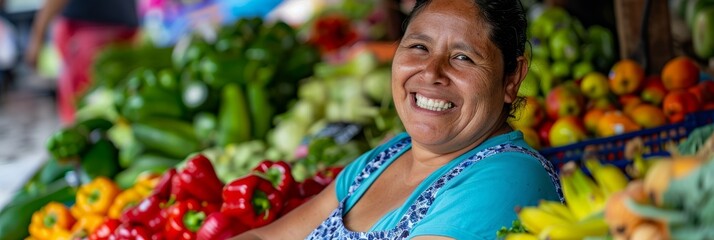 Wall Mural - A Hispanic woman smiles brightly as she browses the colorful selection of fresh produce at a bustling farmers market