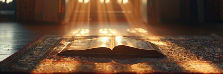 A close-up photograph of an open Quran resting on a prayer mat. Soft light filters through a window, illuminating the pages of the holy book