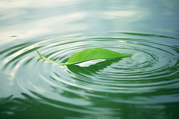 A fresh green bamboo leaf gently floats on the surface of rippling water