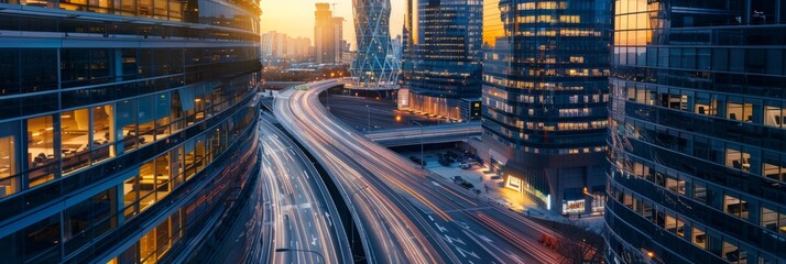 Wall Mural - An aerial view of a modern cityscape at sunset. Sleek glass buildings are illuminated by the warm glow of the setting sun, while a highway below is filled with streaks of light from passing cars