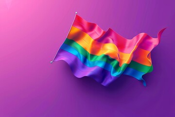 Sticker - Realistic 3D rainbow flag waving against a purple background symbolizing pride unity and diversity in a vibrant and dynamic digital illustration Perfect for LGBTQ+ themes