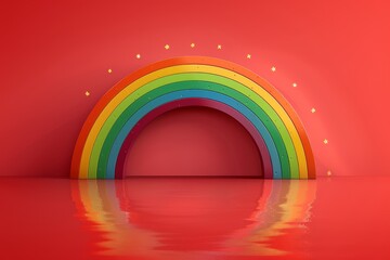 Canvas Print - Minimalist rainbow arch on a red background symbolizing pride joy and inclusivity in a modern digital illustration Perfect for LGBTQ+ themes