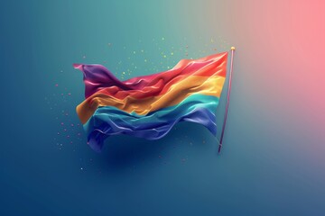 Sticker - Realistic 3D rainbow flag waving against a teal background symbolizing pride unity and diversity in a vibrant and dynamic digital illustration Perfect for LGBTQ+ themes