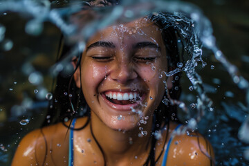 Indian teenage girl smile with happy face, cooling herself with water splashes on hot summer day with copy space