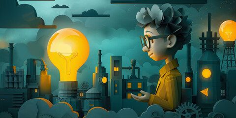 cute paper cut style illustration, an engineering with lightbulb,  kid future dream career concept	
