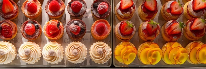 Wall Mural - A closeup photo showcasing an array of exotic desserts elegantly arranged in a bakery display case