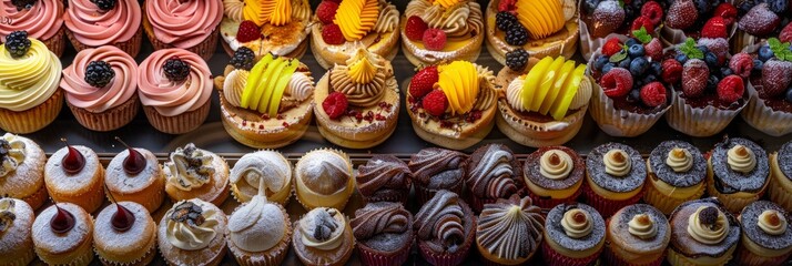 Wall Mural - A closeup of a bakery display case showcasing an array of exotic desserts. The pastries are beautifully arranged, featuring colorful fruit toppings and intricate designs