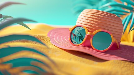 Pink sun hat and sunglasses on a sandy beach.