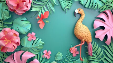 Naklejka na meble Cartoon 3d tropical background, tropical leaves, flamingo.