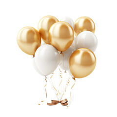 Wall Mural - gold and cream balloons floating in air with ribbons isolated on white background