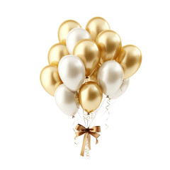 Wall Mural - gold and cream balloons floating in air with ribbons isolated on white background