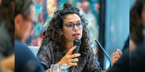 Hispanic woman delivers a dynamic and engaging presentation to a female audience. Her professionalism and leadership are highlighted by the corporate environment in which she presented.