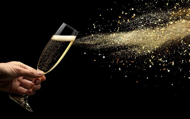 Elegant toast with champagne glasses clinking, sparkling confetti, and golden lights on a black background, offering ample whitespace for custom additions. Festive celebration and luxury concept.