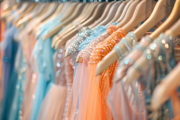 Wall Mural - Dress shop with various dresses hanging on hangers, including light pink and orange. Ball gown Chiffon glitter outfits. Bridesmaid dresses.