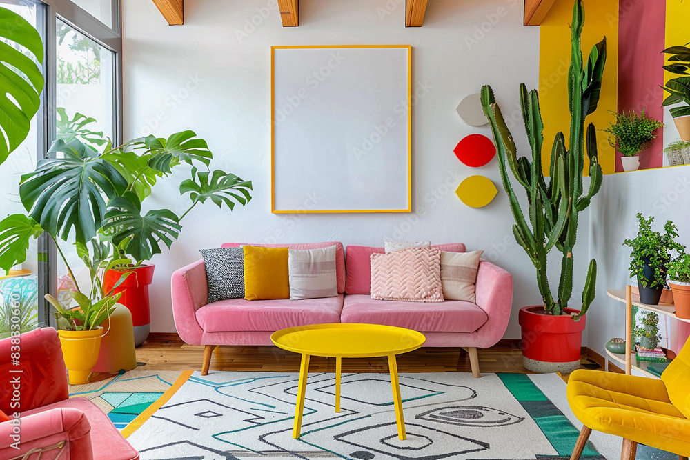 Mockup design for poster on living room. Interior style bright colors ...