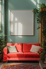 Mockup design for poster on living room. Interior style bright colors. Blank poster over the sofa