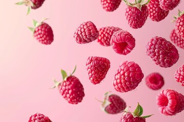Wall Mural - Various falling fresh ripe raspberries on a light pink background, horizontal composition. 