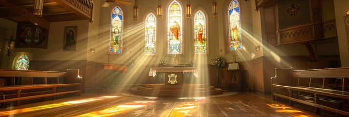 Wall Mural - A serene photograph of a church interior bathed in soft sunlight streaming through colorful stained glass windows