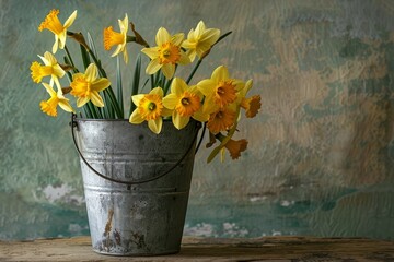 Canvas Print - Cheerful daffodils bursting from a distressed tin pail, creating a vibrant spring floral arrangement in a rustic farmhouse style. The yellow blooms radiate joy and freshness.