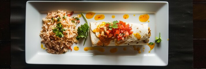 Poster -  An overhead photo of a white plate adorned with a perfectly wrapped burrito accompanied by a side 