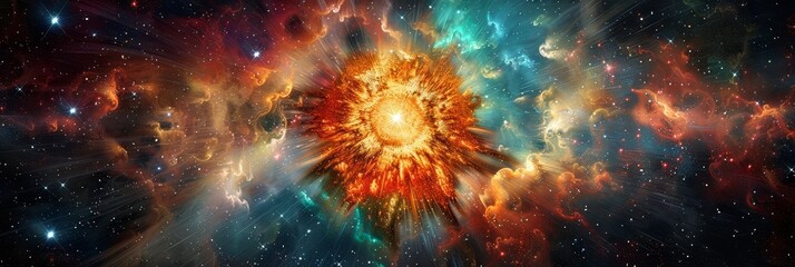 Dazzling supernova explosion illuminating the cosmic vastness with swirling stellar particles,radiating intense energy discharge and intricate gas clouds in a dramatic.