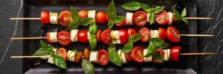 Wall Mural - An overhead view of a black platter filled with skewers of Caprese salad ingredients. The skewers are arranged elegantly, with alternating slices of tomato, mozzarella, and basil