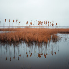 Wall Mural - Muted Bronze Marsh with Brown Cattails Reflected