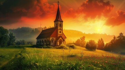 Wall Mural - church at sunset