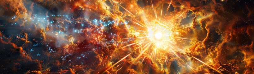 Poster - Dramatic supernova explosion illuminating a vast cosmic landscape in a radiant starburst of intense energy discharge,with swirling cosmic particles,intricate gas clouds.